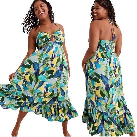 aerie Dresses & Skirts - Aerie Paradise Palm Green Blue Halter Cutout Maxi Dress Size Large